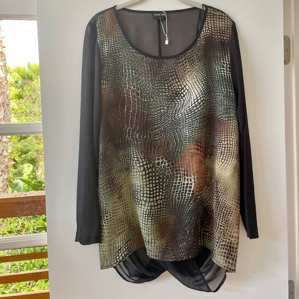Ronen Chen‎ Sheer Long-Sleeve Tunic Blouse, Size 10, NWOT